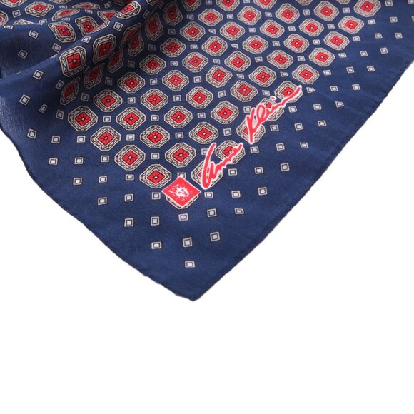 Vintage Anne Klein Silk Neck Hair Scarf Long Geometric Medallion Navy Red - Picture 5 of 6